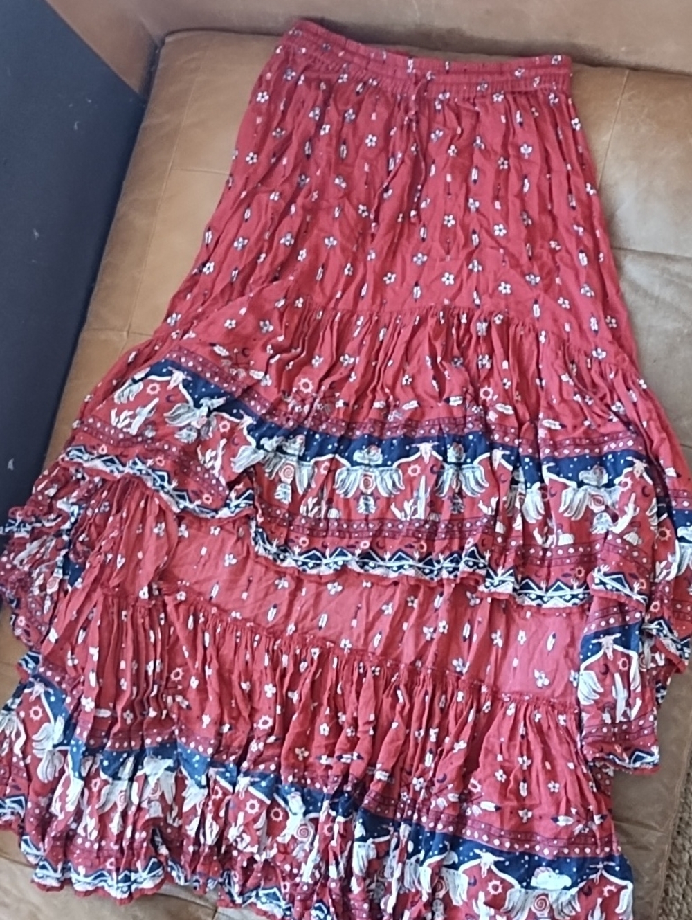 House of Skye Southwest Tiered Maxi Skirt in Red & Blue Size Medium/Large.